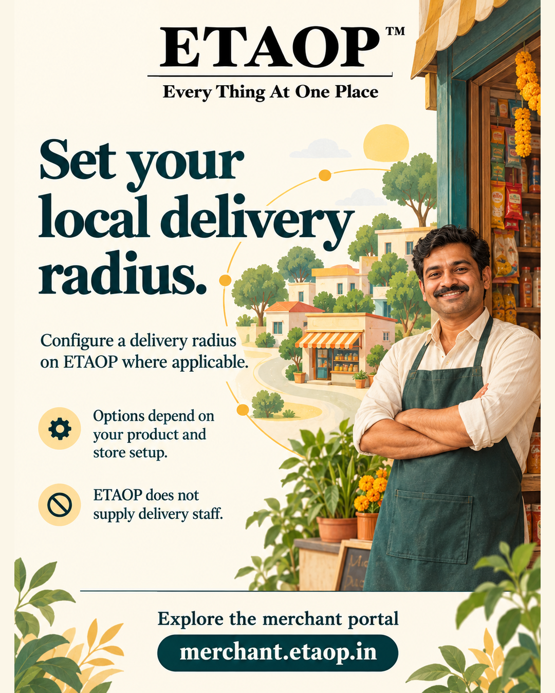 ETAOP shopkeeper beside an illustrative neighbourhood circle, with delivery-radius wording and product/store setup qualifications.