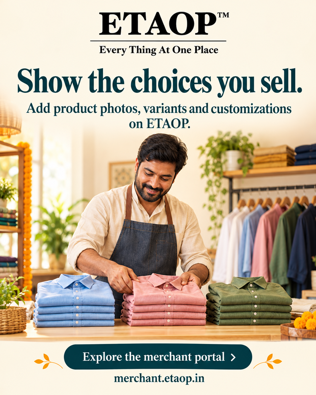 ETAOP merchant arranging shirts in different colours, illustrating product photos, variants and customizations.
