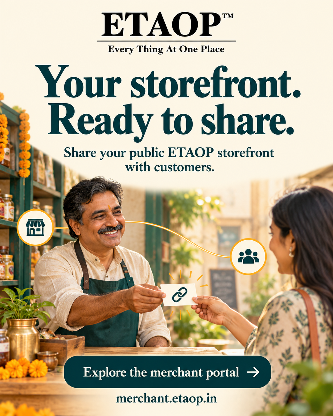 ETAOP artwork showing a local shopkeeper sharing a storefront link with a customer